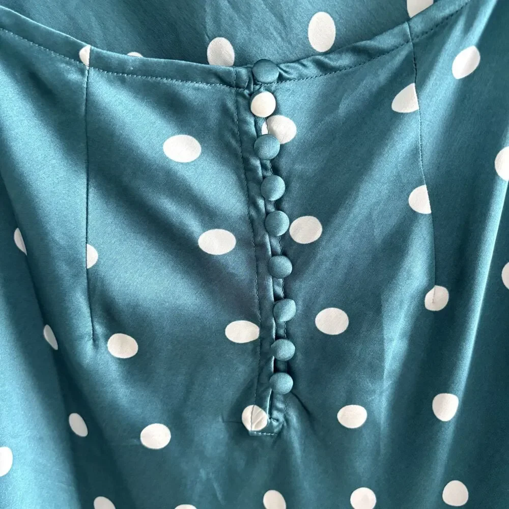 Free People Womens Butterfly Babe Polka Dot Sz Small Green Satin Maxi Dress EUC